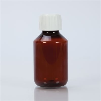 A dark-brown plastic bottle, sits upright, on a white surface. It has a white ribbed cap.