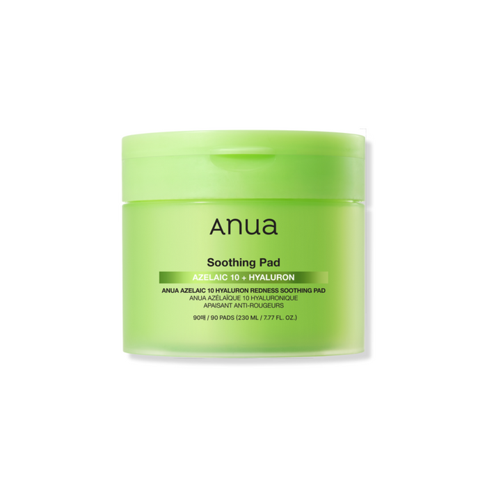ANUA Azelaic 10 Hyaluron Redness Soothing Pad is a calming daily toner pad designed to reduce redness and hydrate sensitive or irritated skin. Infused with Azelaic Acid (10%), Hyaluronic Acid Complex, and Centella Asiatica Extracts, it helps soothe inflammation, support skin barrier health, and improve overall texture. With added Ceramide NP, Panthenol, and Squalane, this pad delivers lightweight moisture while targeting redness and blemishes—making it ideal for acne-prone, sensitive, or dehydra