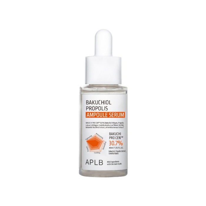 APLB Bakuchiol Propolis Ampoule Serum is a rejuvenating formula designed for vibrant, healthy skin. It features Centella Asiatica Leaf Water as its star ingredient, renowned for its soothing and healing properties. This serum is enriched with Propolis Extract and Bakuchiol, which provide deep nourishment and the anti-aging benefits of retinol without irritation. Additional extracts like Eggplant and Tea Tree help clarify and refine the complexion. Ideal for all skin types, it leaves your skin fe