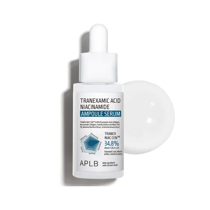 APLB Tranexamic Acid Niacinamide Ampoule Serum is a targeted formula crafted to brighten and even out skin tone. It features a potent combination of Tranexamic Acid and Niacinamide, both known for their powerful skin-brightening and anti-inflammatory properties. With 34.6% Centella Asiatica Leaf Water, this serum also calms and soothes the skin. Additional ingredients like Eggplant and Tea Tree Extracts aid in refining skin texture and reducing blemishes. Ideal for those looking to diminish dark
