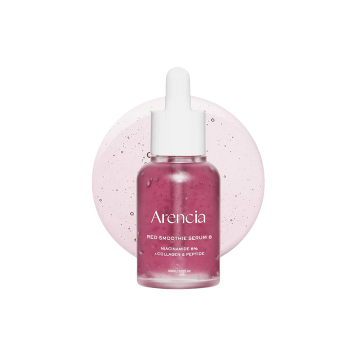 ARENCIA Fresh Red Smoothie Serum 8 is a brightening and revitalizing serum powered by Niacinamide, Arbutin, and a blend of Vitamin C derivatives to even skin tone and boost radiance. Infused with antioxidant-rich extracts like Beet Root, Ginseng Berry, and Hibiscus, it nourishes and energizes tired skin. With added Ferulic Acid, Soluble Collagen, and Panthenol, this lightweight serum helps improve firmness, hydration, and overall skin texture for a healthy, glowing complexion.