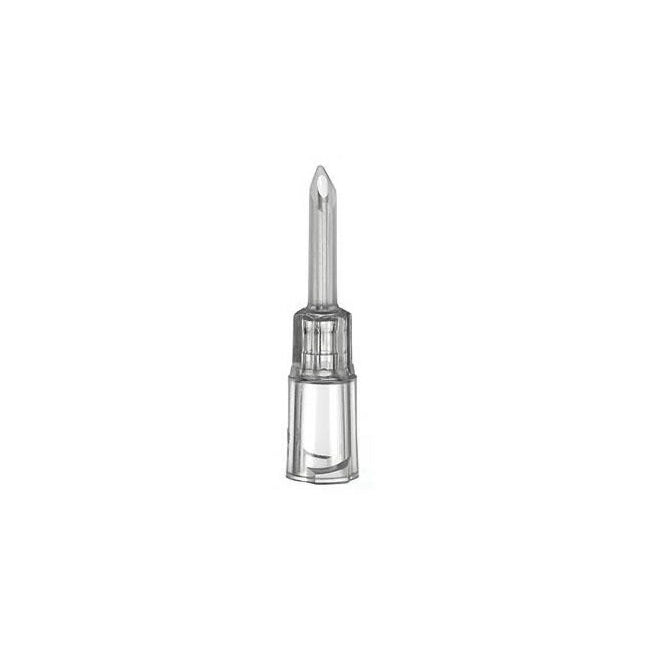 A clear plastic cannula stands upright on a white background.