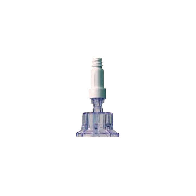 A clear plastic connector, with a white top, stands on a white background.