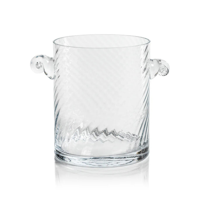 The BAGATELLE SWIRL GLASS ICE BUCKET by ZODAX features a clear, textured spiral design with diagonal swirls and two round handles—a modern bar accessory shown on a white background.