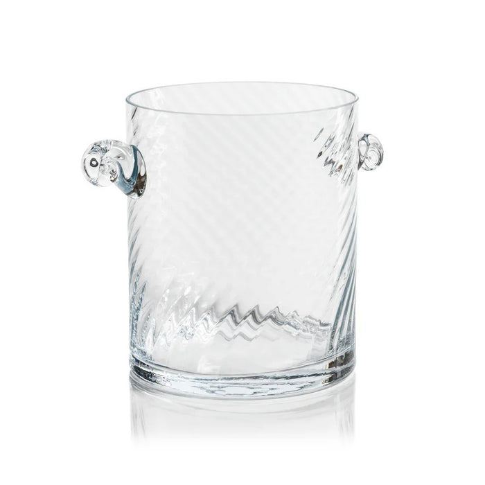 The BAGATELLE SWIRL GLASS ICE BUCKET by ZODAX features a clear, textured spiral design with diagonal swirls and two round handles—a modern bar accessory shown on a white background.