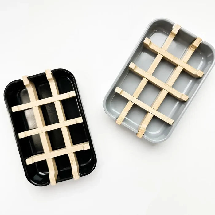 Two trays with wooden lattice patterns on a white background