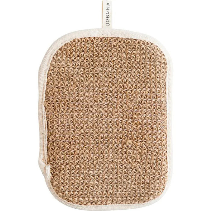 The BAMBOO SOAP MITT by EUROPEAN SOAPS, LLC is a textured, oval-shaped exfoliating scrub pad with a woven surface. Bordered by a white fabric trim, it features a small white hanging loop at the top with "URBANA" printed on it, making it an essential addition to any home spa for natural bath products and personal care routines.