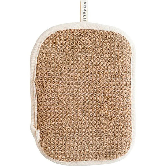 The BAMBOO SOAP MITT by EUROPEAN SOAPS, LLC is a textured, oval-shaped exfoliating scrub pad with a woven surface. Bordered by a white fabric trim, it features a small white hanging loop at the top with "URBANA" printed on it, making it an essential addition to any home spa for natural bath products and personal care routines.