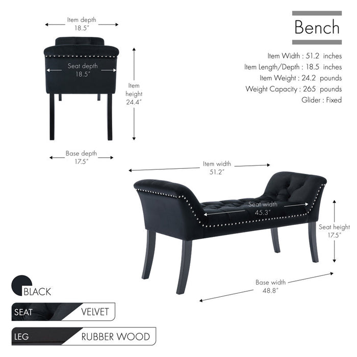 Banc capitonné en velours noir avec pieds en bois d'hévéa