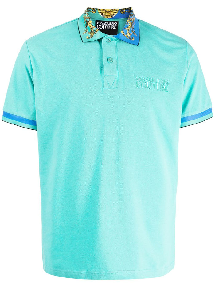 VERSACE Baroque print-collar polo shirt Mint - MAISONDEFASHION.COM