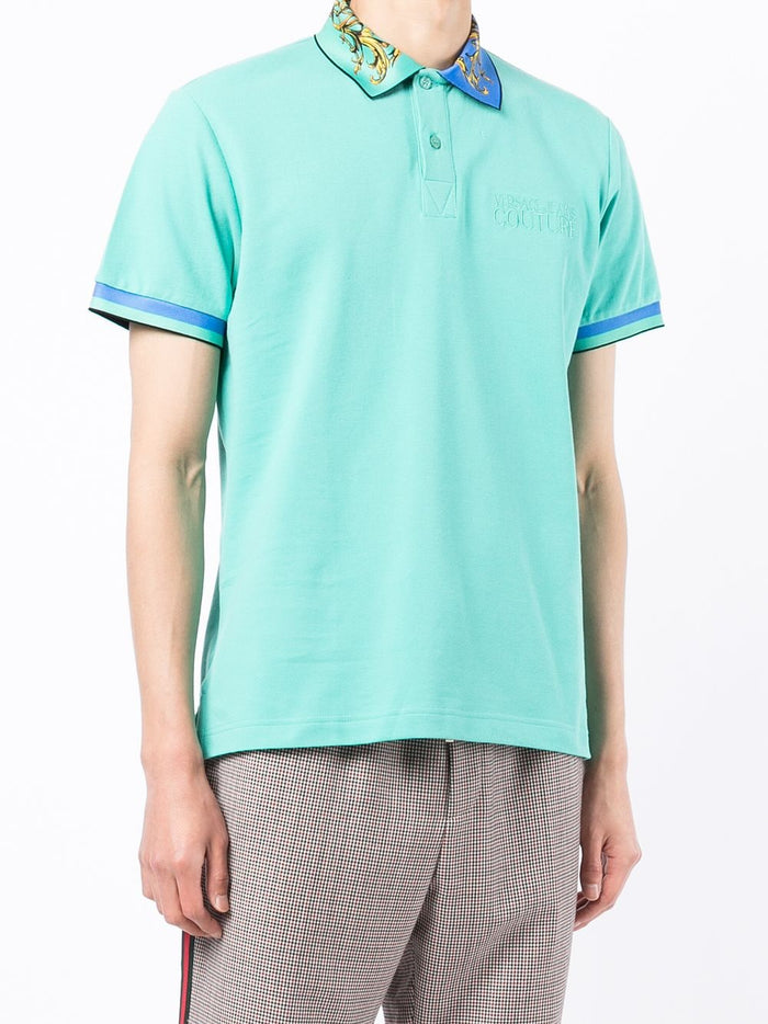 VERSACE Baroque print-collar polo shirt Mint - MAISONDEFASHION.COM