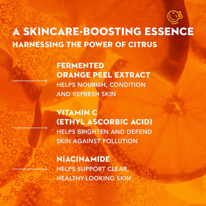 Infographic that reads: A skincare-boosting essence, harnessing the power of citrus. Infographic also reads Fermented Orange Peel Extracts helps nourish, condition and refresh skin. Infographic states Vitamin C helps brighten and defend skin against pollution and Niacinamide helps supports clear, healthy-looking skin.