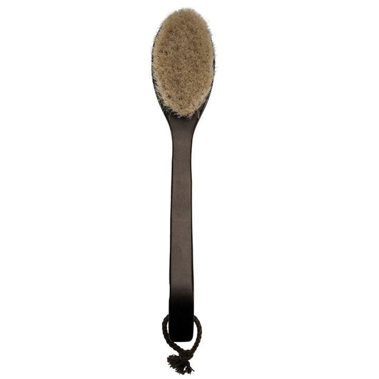 The BAUDELAIRE - Beechwood Bath Brush 14″ features a long, dark beechwood handle, soft natural horsehair bristles, and a black woven hanging loop—an elegant addition to your self-care routine.