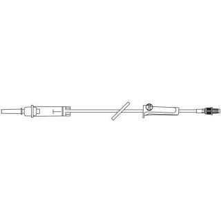 A medical intravenous (IV) tubing set, extending horizontally, is ready for use in a clinical setting.