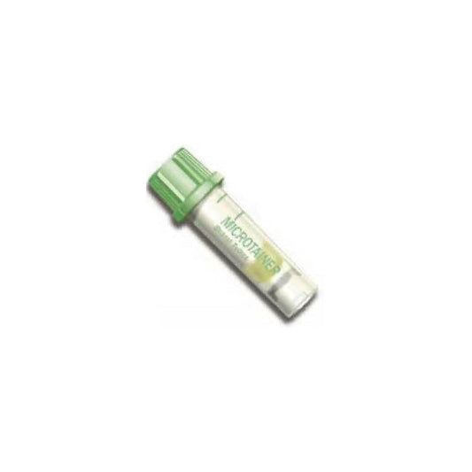 A Microtainer blood collection tube, rests on a white background. The label reads "MICROTAINER" and "BLOOD TUBE".