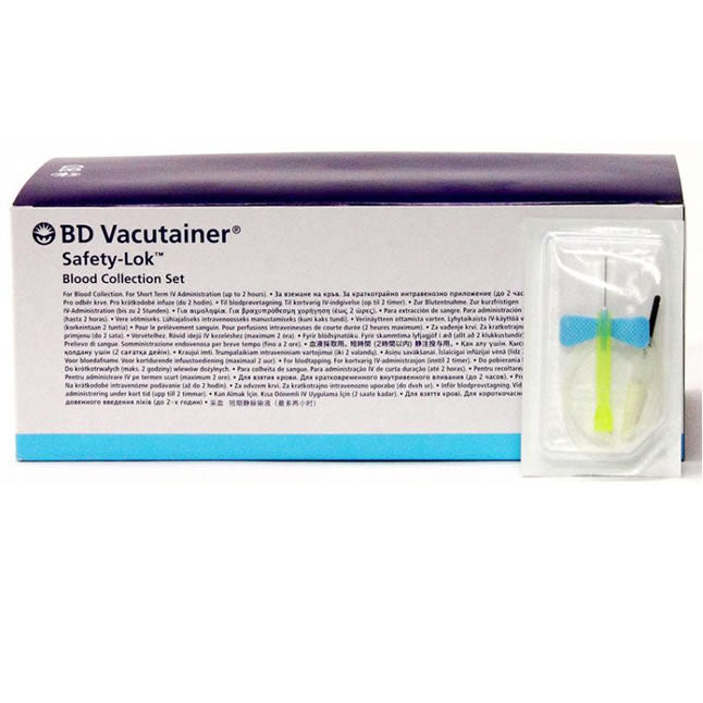 A BD Vacutainer Safety-Lok Blood Collection Set is shown in its packaging. The set is for short-term intravenous administration (up to 2 hours).