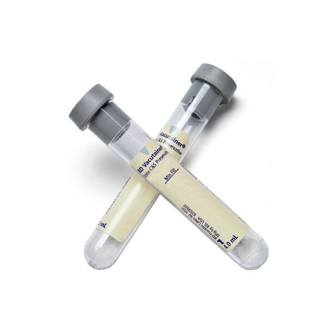 Two vacutainer tubes, lying in an X shape, on a white background. One tube is labeled "BD Vacutainer" and "4.0 mL".