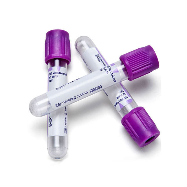 Three purple-topped BD Vacutainer tubes lie on a white surface; they appear to be used for blood collection.