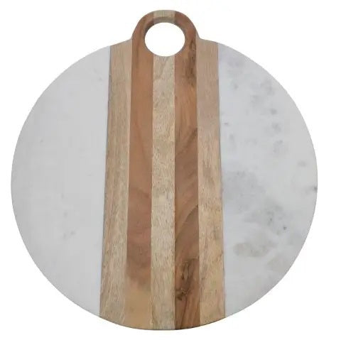 The BE HOME - MOA Marble & Wood Round Board by BE HOME, INC is handmade in India, featuring a central wooden stripe on white marble and finished with a circular top handle.