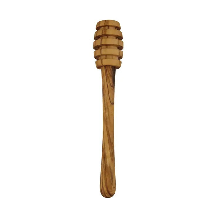 The BE HOME - OLIVE WOOD HONEY DIP by BE HOME, INC is a handcrafted Tunisian olive wood honey dipper with a grooved head and smooth handle, displayed against a plain white background.