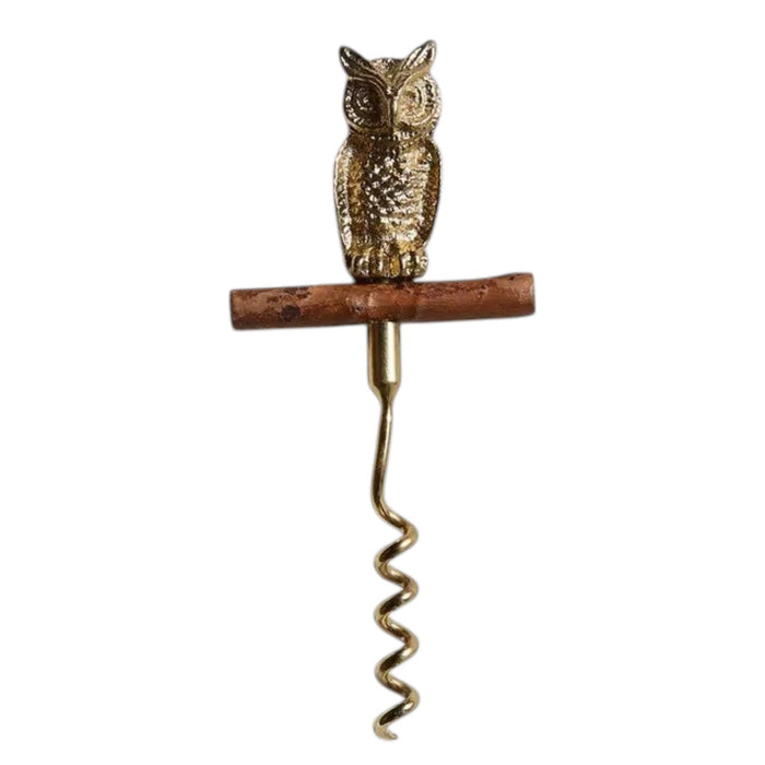 The BE HOME - OWL CORKSCREW by BE HOME, INC features a golden owl perched on a branch handle—an elegant accent for your home or a unique wine lover's gift.