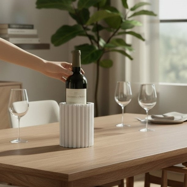 The BE HOME - WATERLOO MARBLE BOTTLE HOLDER by BE HOME, INC features white marble with vertical ridges, resembling a modern vase—an elegant and stylish wine accessory for any setting.