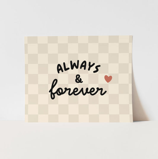 Checkered paper with 'Always & forever' text and a heart on a white background