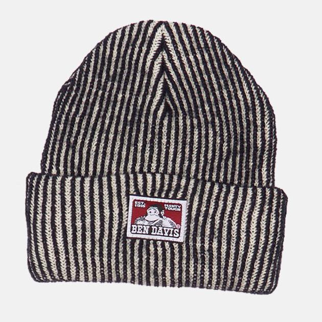 Ben Davis Cuffed Knit Logo Patch Beanie Hats & Caps Ben Davis Hickory Stripe OS