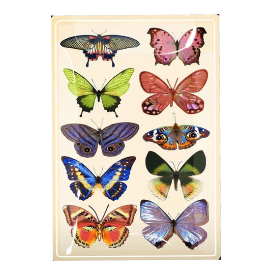 A vibrant sheet featuring nine illustrated butterflies is set against a blurred background of pink and white flowers beneath a blue sky—an inspiring motif that adds charm to the BEN’S GARDEN - WILDFLOWER BUTTERFLIES DECOUPAGE GLASS TRAY by BENS GARDEN.