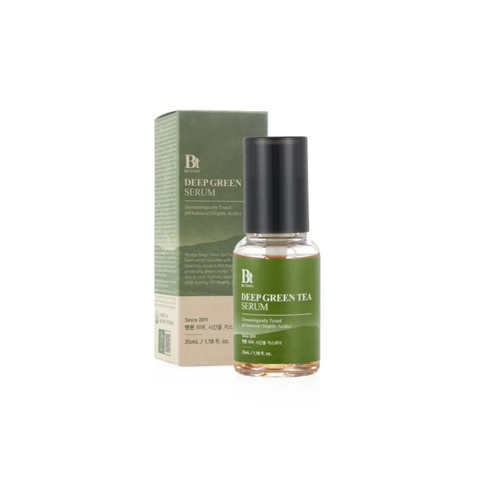 BENTON Deep Green Tea Serum is a refreshing and hydrating serum, infused with Camellia Sinensis Leaf Water and Extracts to soothe and nourish the skin. It features a blend of Green Tea, Houttuynia Cordata, and Centella Asiatica Extracts, which work together to calm irritation and provide antioxidant protection. The serum also contains multiple forms of Hyaluronic Acid for deep hydration, leaving your skin smooth, moisturized, and revitalized. Ideal for all skin types, especially for those seekin