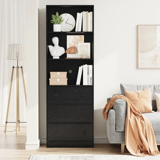Black bookshelf with decorative items in a living room setting