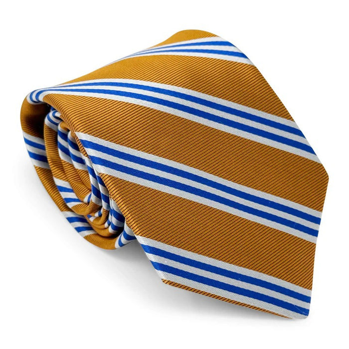 A close-up of the BIRD DOG BAY - ON AIR STRIPE SILK TIE IN ORANGE & BLUE by BIRD DOG BAY shows its diagonal blue and white stripes. Handmade in NYC, this elegant tie’s pointed end highlights a sophisticated pattern for any men’s wardrobe.