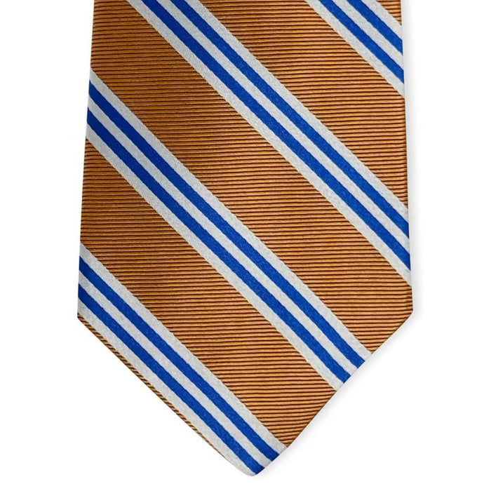 The BIRD DOG BAY - ON AIR STRIPE SILK TIE IN ORANGE & BLUE features neatly rolled silk with diagonal orange and blue stripes—a refined, stylish accessory by BIRD DOG BAY for any men's wardrobe.