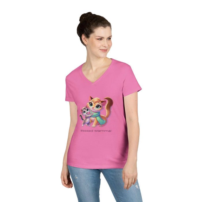 Blessed Mamma - Cat and Kitten 🐱💐 Ladies' V-Neck Tee 💖 - Whippie's
