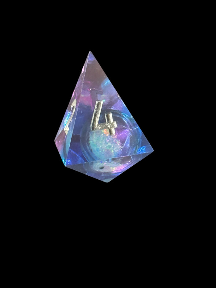 7-piece blue and purple prismatic cosmos dice set with glitter, D&D polyhedral set – Raven's Cauldron, 6 N Sandusky St, Delaware, OH 43015