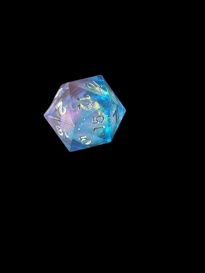 7-piece blue and purple prismatic cosmos dice set with glitter, D&D polyhedral set – Raven's Cauldron, 6 N Sandusky St, Delaware, OH 43015