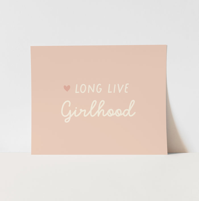 Card with 'LONG LIVE Girlhood' text on a light pink background