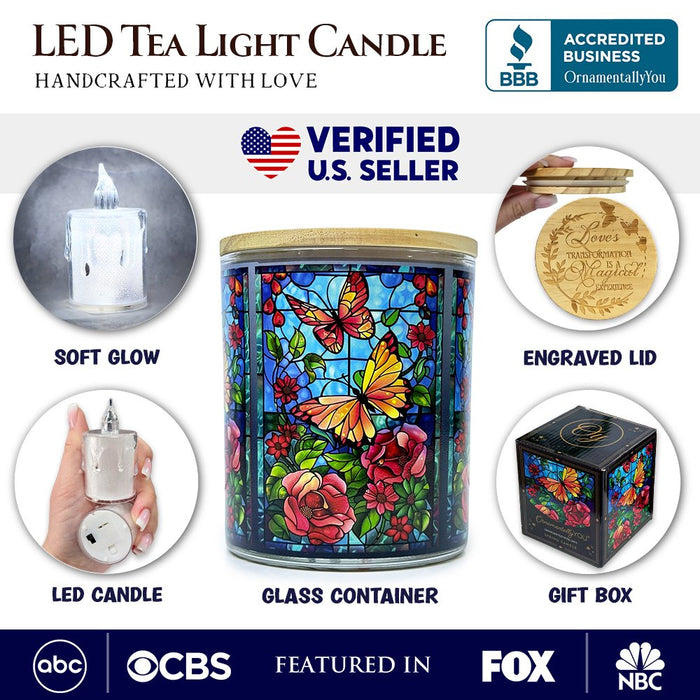 Butterfly Faux Stained Glass LED Tea Light Candle, Sentimental Tabletop Spring Decor With Soft Glow Candles OrnamentallyYou