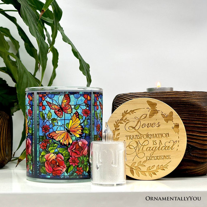 Butterfly Faux Stained Glass LED Tea Light Candle, Sentimental Tabletop Spring Decor With Soft Glow Candles OrnamentallyYou