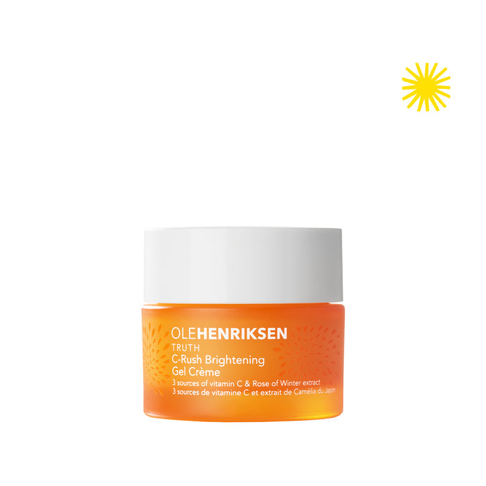 A closed jar of C-Rush Brightening Gel Creme on a white background. Upper right corner has an icon a yellow sun.