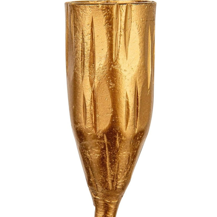 The CREATIVE COOP CAST IRON TAPER HOLDER IN BRASS FINISH, LARGE, features a tall, slender design with a textured segmented stem and round base, perfect for displaying a single taper candle.