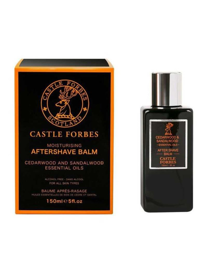 Castle Forbes Cedarwood and Sandalwood Aftershave Balm with essential oils in 150ml bottle, made in Scotland