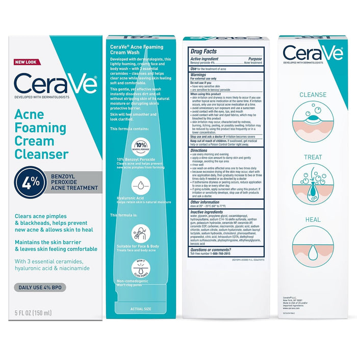 CeraVe Acne Foaming Cream Cleanser, Unscented, 5 fl oz
