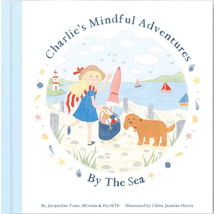 Charlie's Mindful Adventures By The Sea children's book cover with a girl, dog, and seaside scenery.