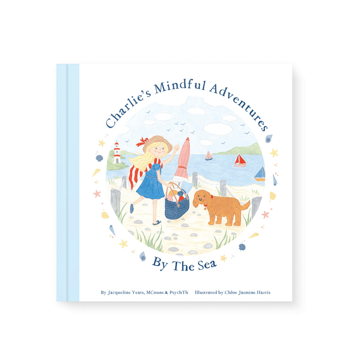 Charlie's Mindful Adventures By The Sea children's book cover featuring a seaside scene with Charlie and friends.