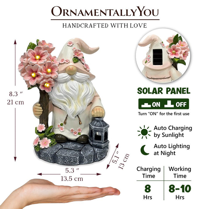 Cherry Blossom Gnome Solar Garden Statue, 8" Figurine and Floral Outdoor Decor Resin Statues OrnamentallyYou