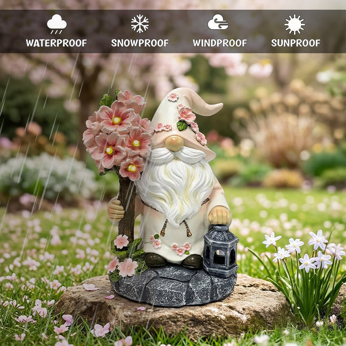 Cherry Blossom Gnome Solar Garden Statue, 8" Figurine and Floral Outdoor Decor Resin Statues OrnamentallyYou