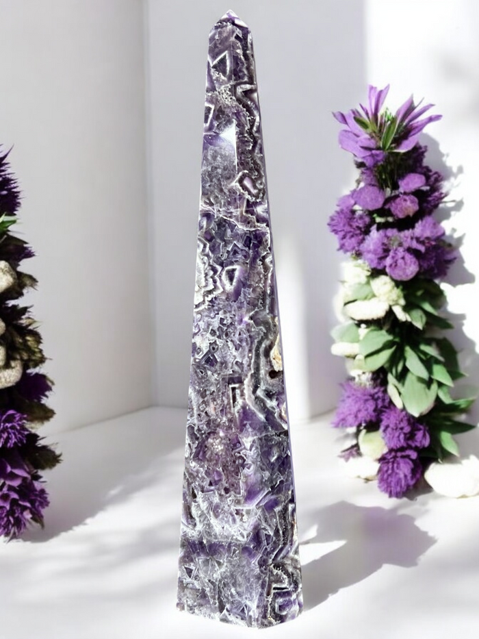 high quality chevron / dream amethyst obelisk from Brazil - Raven's Cauldron 6 N Sandusky St.  Delaware, OH  43015