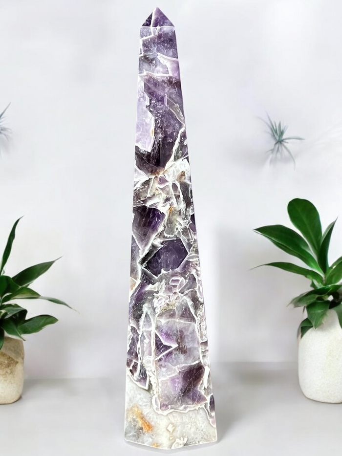 high quality chevron / dream amethyst obelisk from Brazil - Raven's Cauldron 6 N Sandusky St.  Delaware, OH  43015