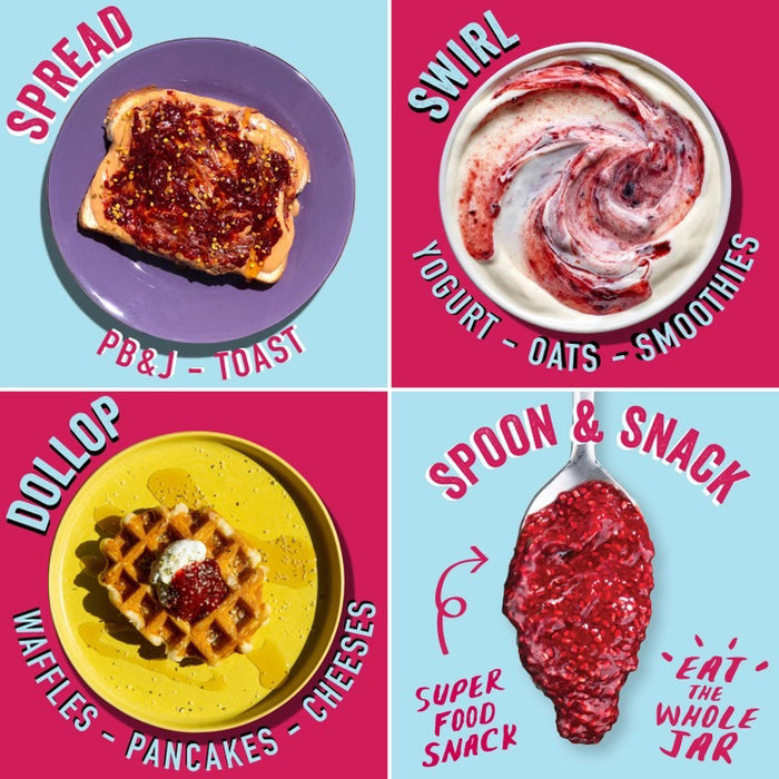 A slice of cheesecake topped with CHIA SMASH - RASPBERRY CHIA JAM by CHIA SMASH sits on a light pink plate, with a fork holding a bite nearby. The scene features a bright pink background and bold shadows.